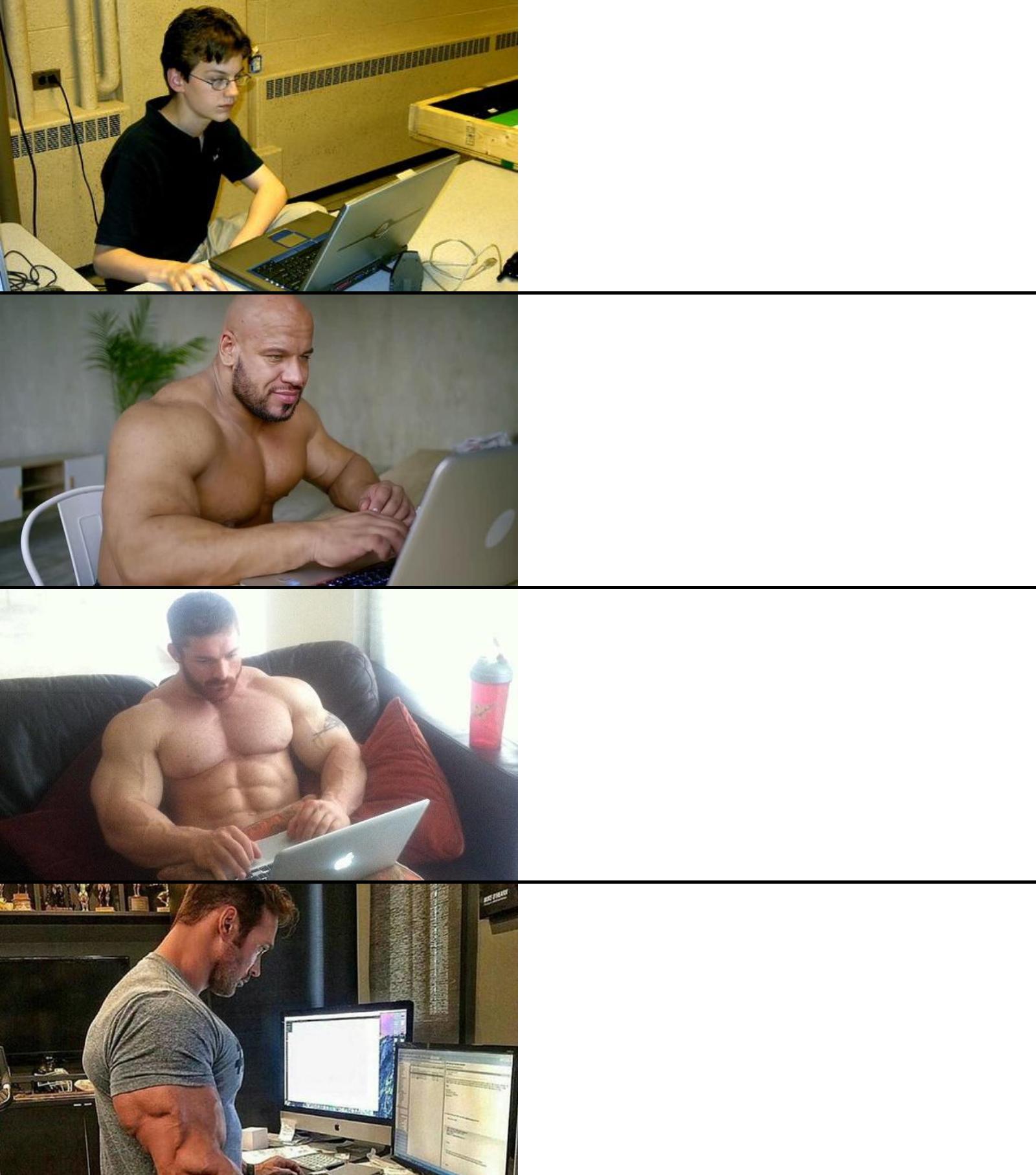 Buff Guys Help Out Nerdy Kid Empty Template - panel - Buff Guys Typing on Laptops Why Yes, How Could You Tell Variant - mucles fort maigre geek