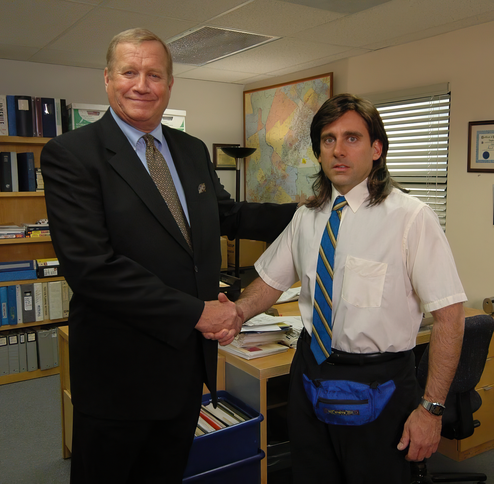The office Young Michael Scott shaking Ed Truck's hand