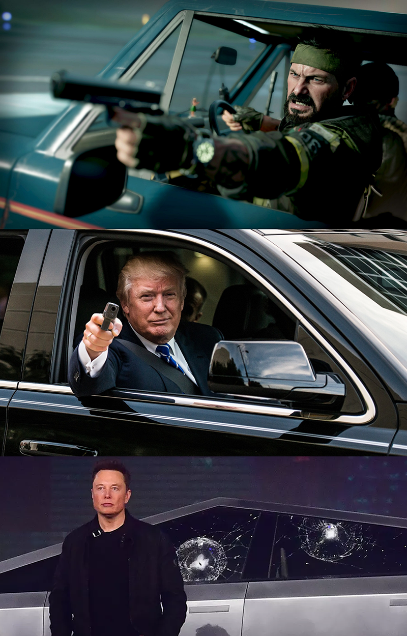 Pointing Guns At Each Other In Cars - Frank Woods, Donald Trump, Elon Musk, COD Black Ops - opsvoiture