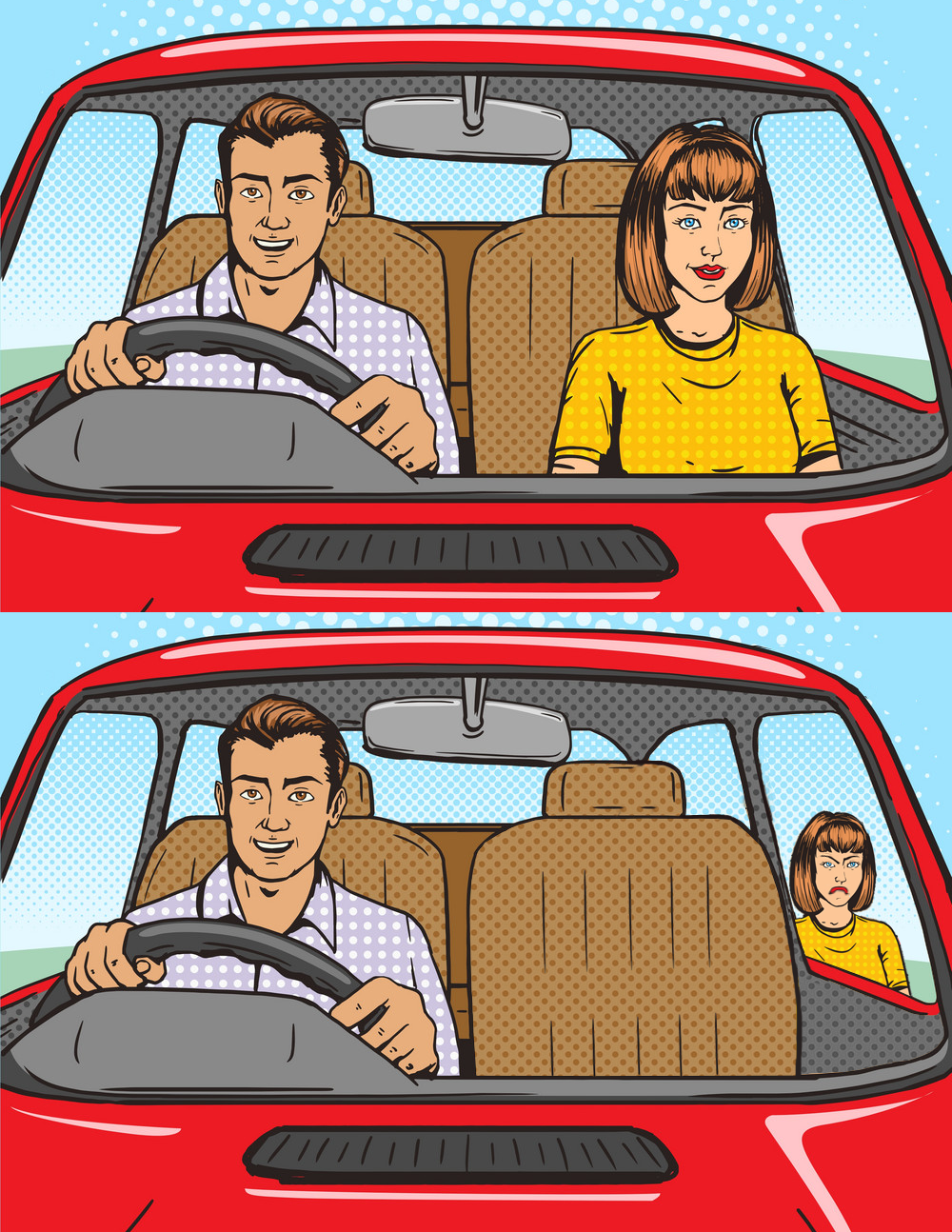 Couple In Red Car Empty Template - Woman Left Outside Car - Retro Voiture