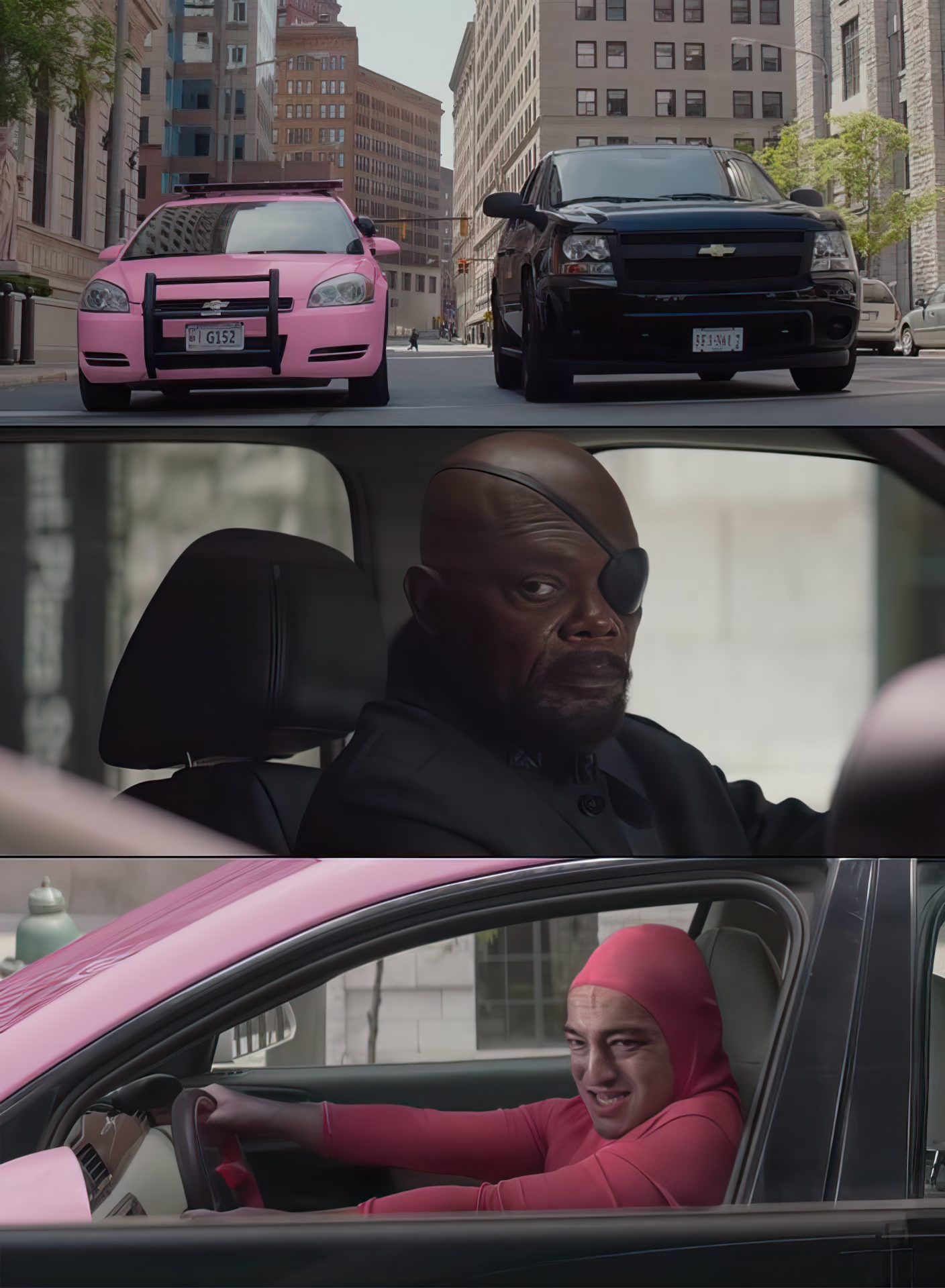 Nick fury looks at pink guy car homme combinaison rose voiture