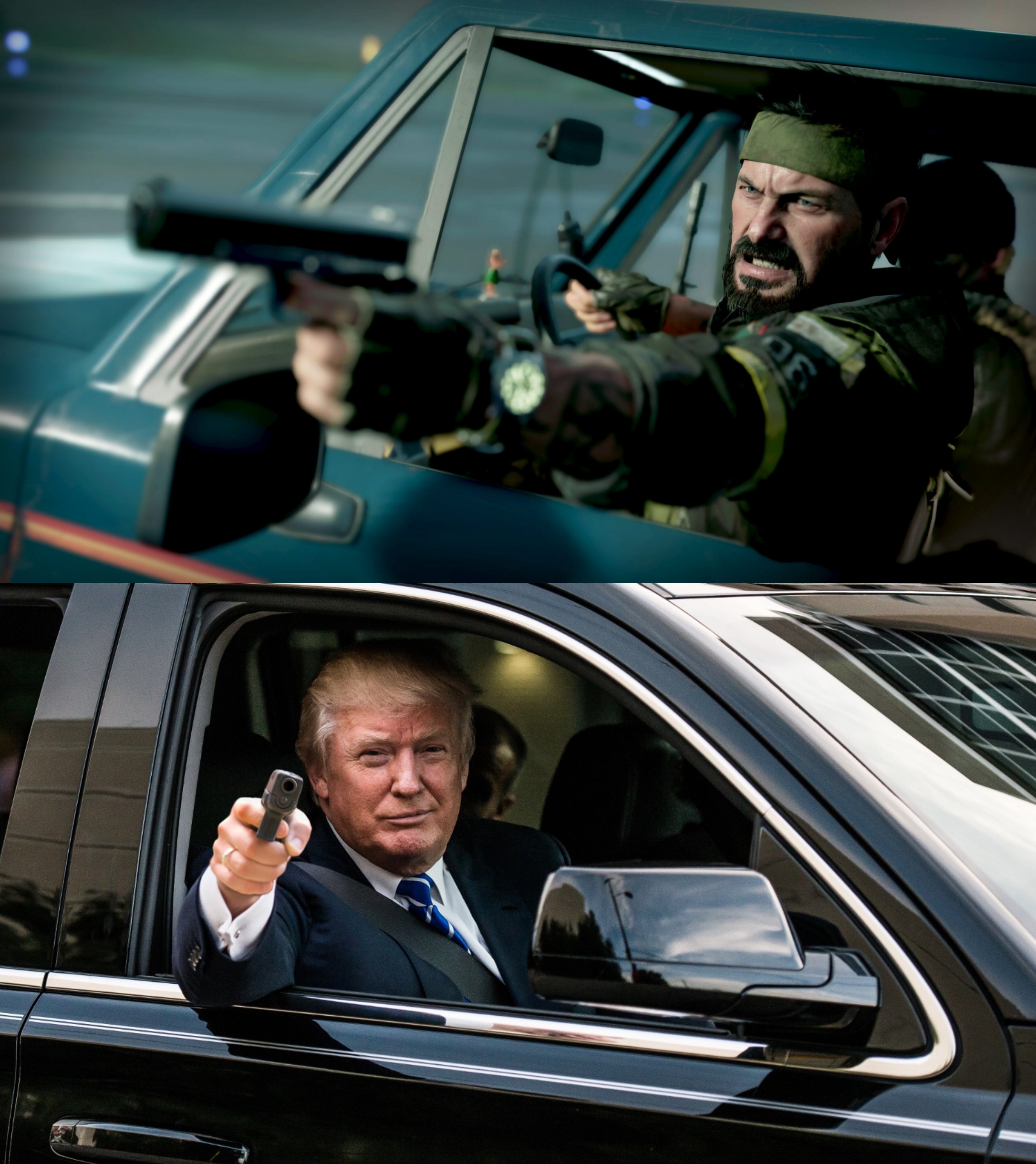 Pointing Guns At Each Other In Cars - Frank Woods, Donald Trump, COD Black Ops - opsvoiture
