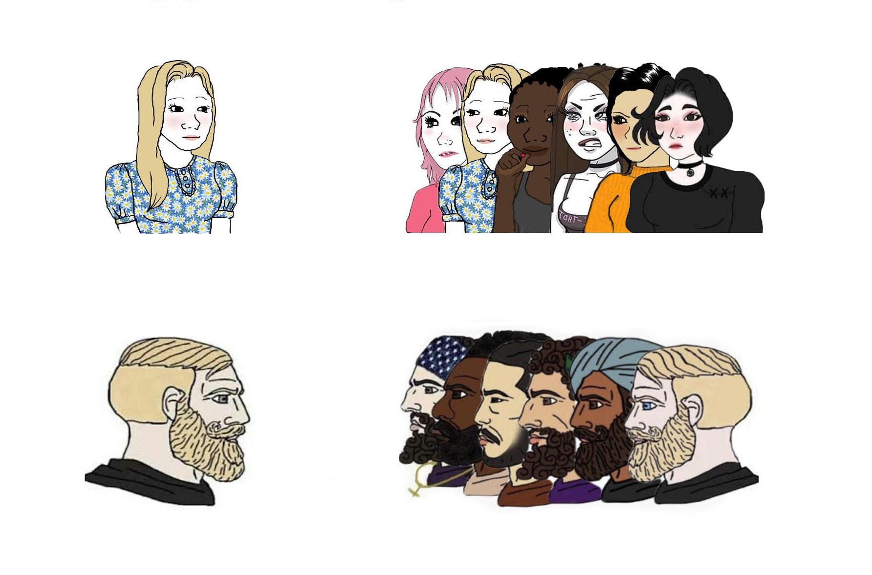 Boys vs Girls Group Empty Template - Trad Girl vs Yes Chad - Wojak - homme femme groupe